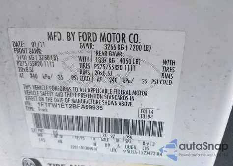 2011 Ford F-150 Lariat z USA, uszkodzony, nr VIN 1FTFW1ET2BFA69936